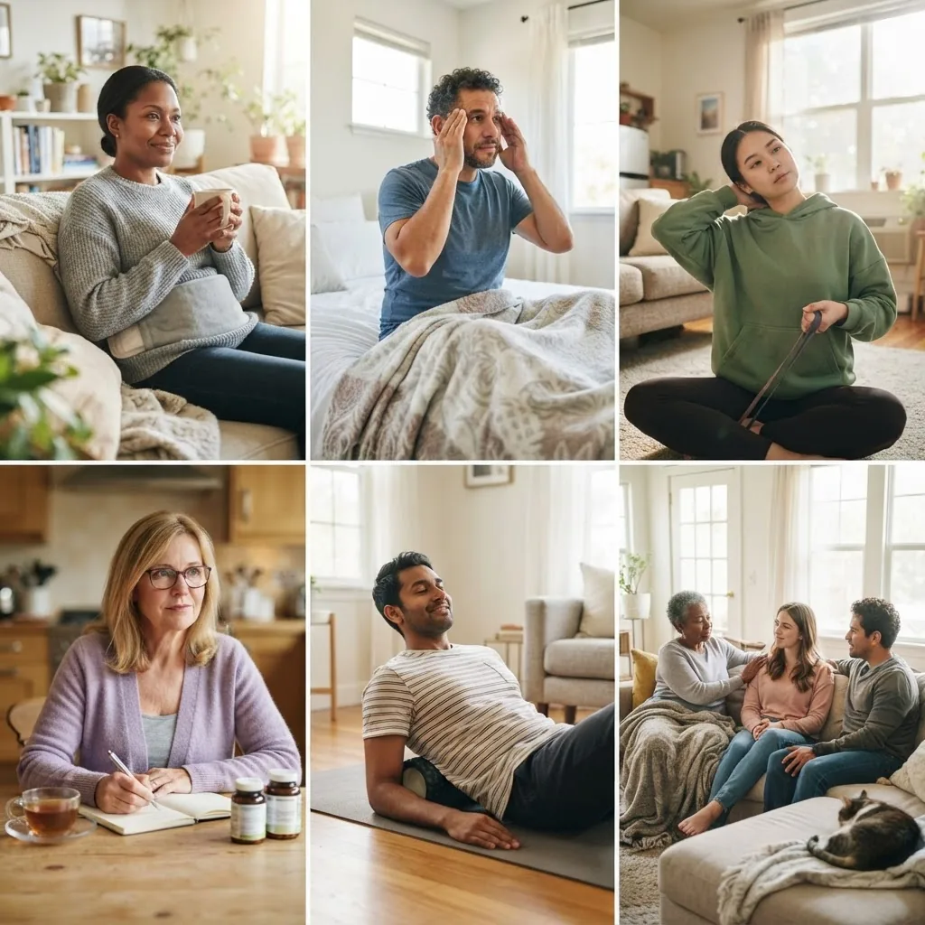 Collage of diverse adults experiencing common chronic pain conditions such as back pain, migraine, and fibromyalgia, depicted in relaxed