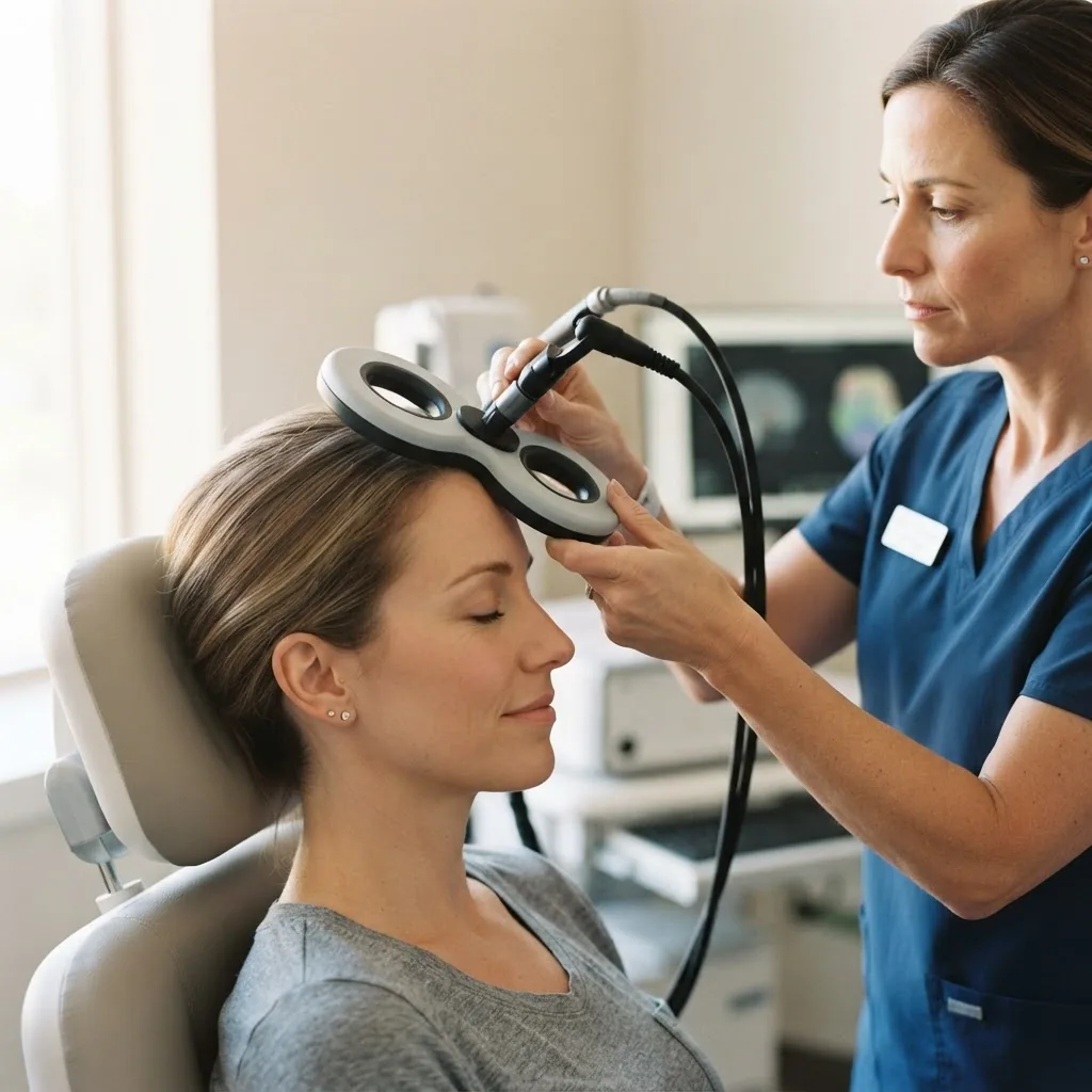 Close-up image of a healthcare professional positioning a transcranial magnetic stimulation coil on a patient’s head in a clinical setting,