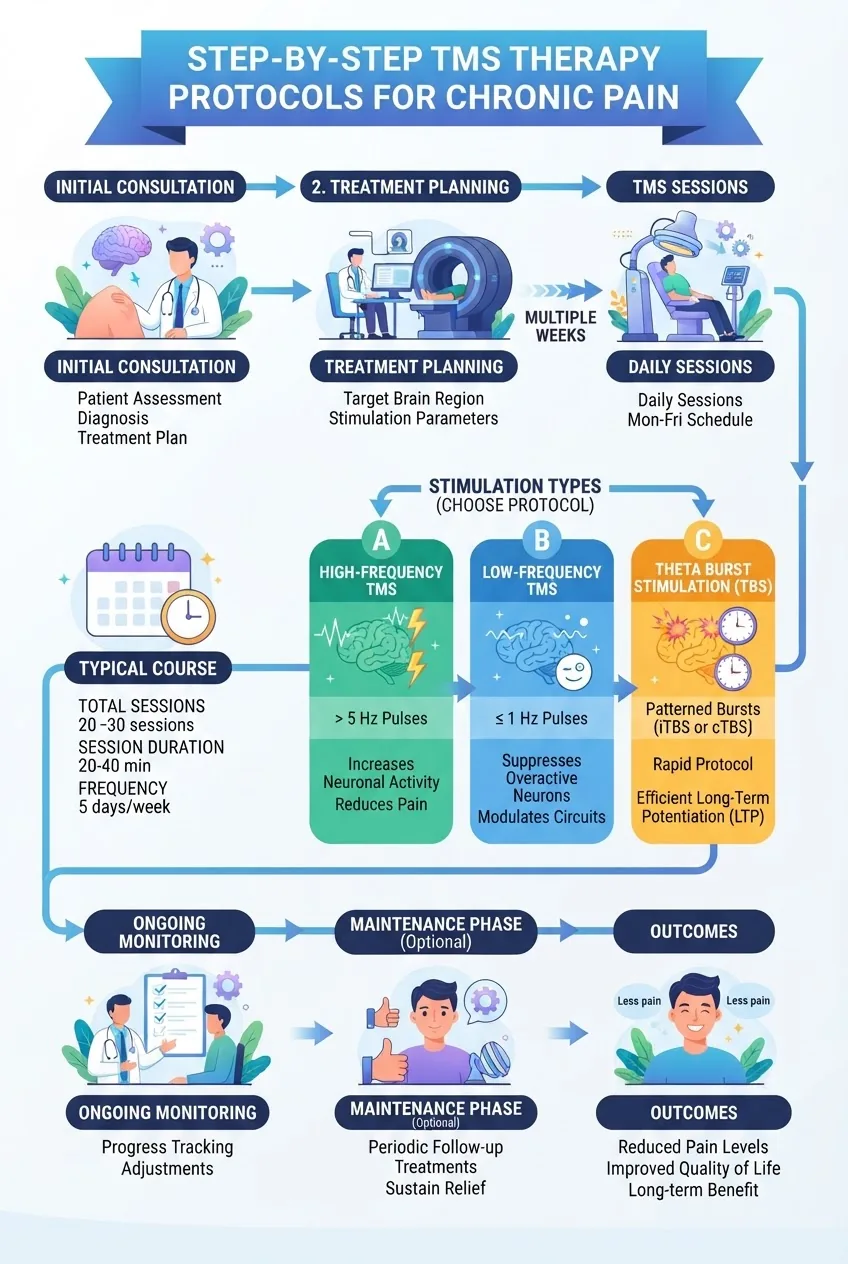 shows a step-by-step flowchart of TMS therapy treatment protocols for chronic pain: session count, timing, frequency, types of stimulation