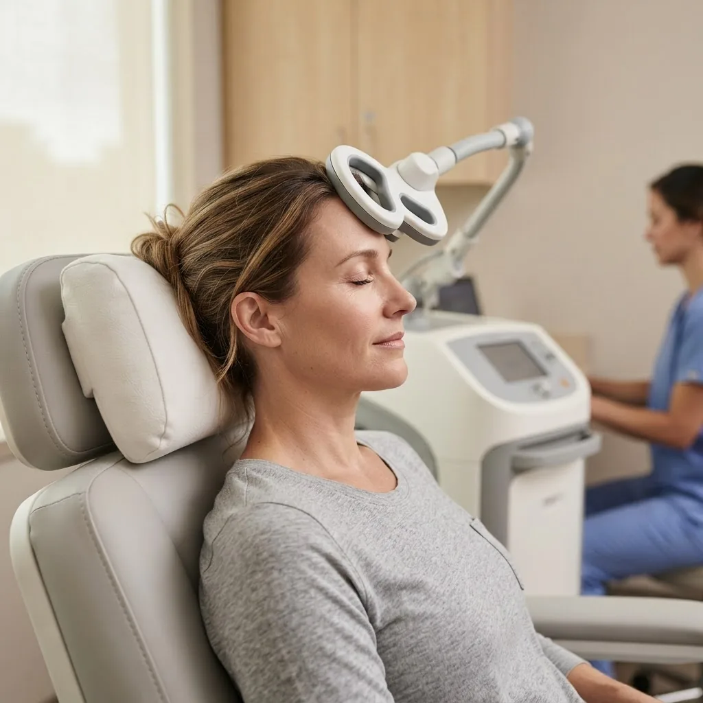 close-up side profile of an adult patient receiving TMS therapy with the coil positioned near the head, clinical setting with neutral