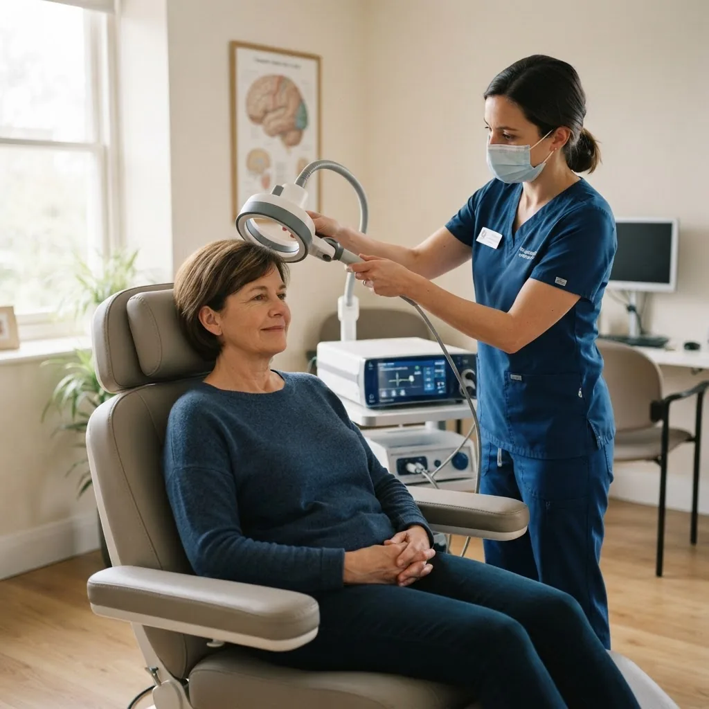 medical office scene showing a healthcare professional preparing a magnetic stimulation device near a seated adult patient in a calm