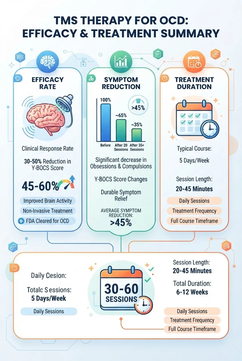 comparing TMS therapy efficacy, symptom reduction rates, and treatment duration in OCD, each section with an icon (brain with magnetic