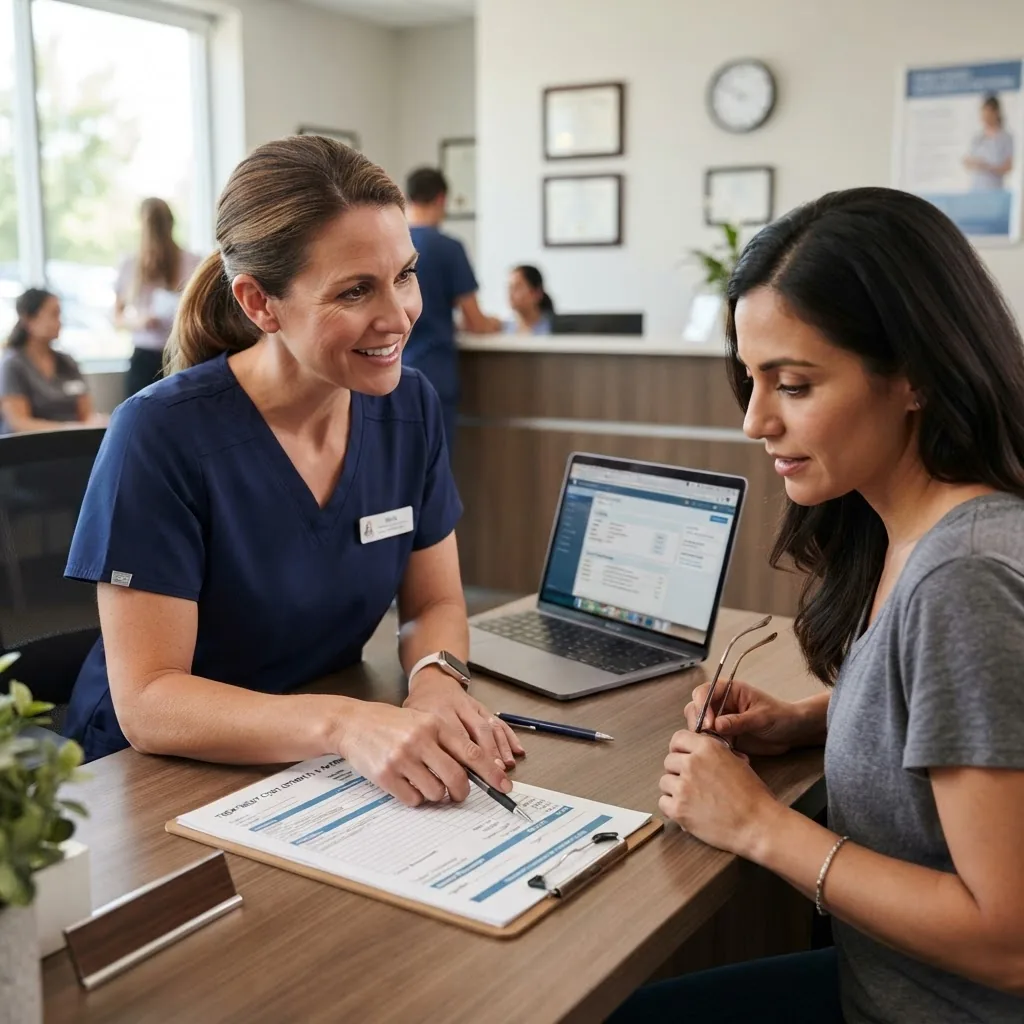 close-up of a healthcare professional explaining treatment costs and paperwork to a patient in a clinical setting, with a desk, forms, and
