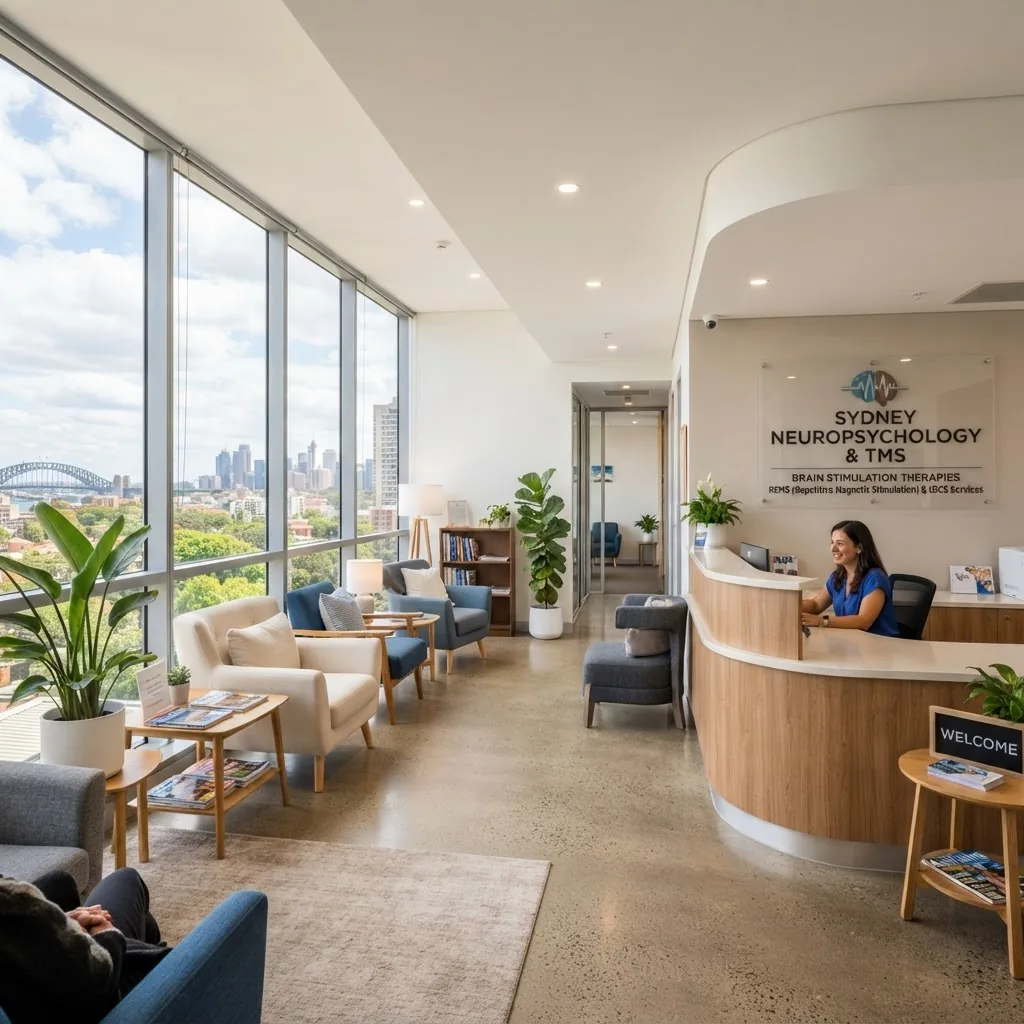 bright, modern mental health clinic reception area in Sydney, showcasing a welcoming waiting room with natural light, comfortable seating,