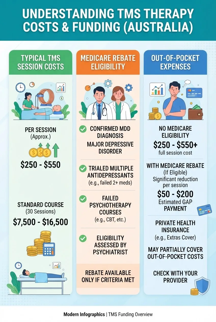 shows (1) Typical TMS session costs with icons, (2) Medicare rebate eligibility with checklist icons, (3) Average out-of-pocket expenses