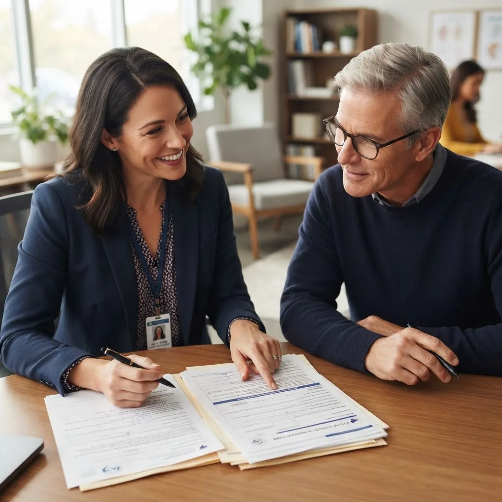 a close-up photo of a patient and mental health professional discussing paperwork and Medicare forms at a consultation desk in a bright