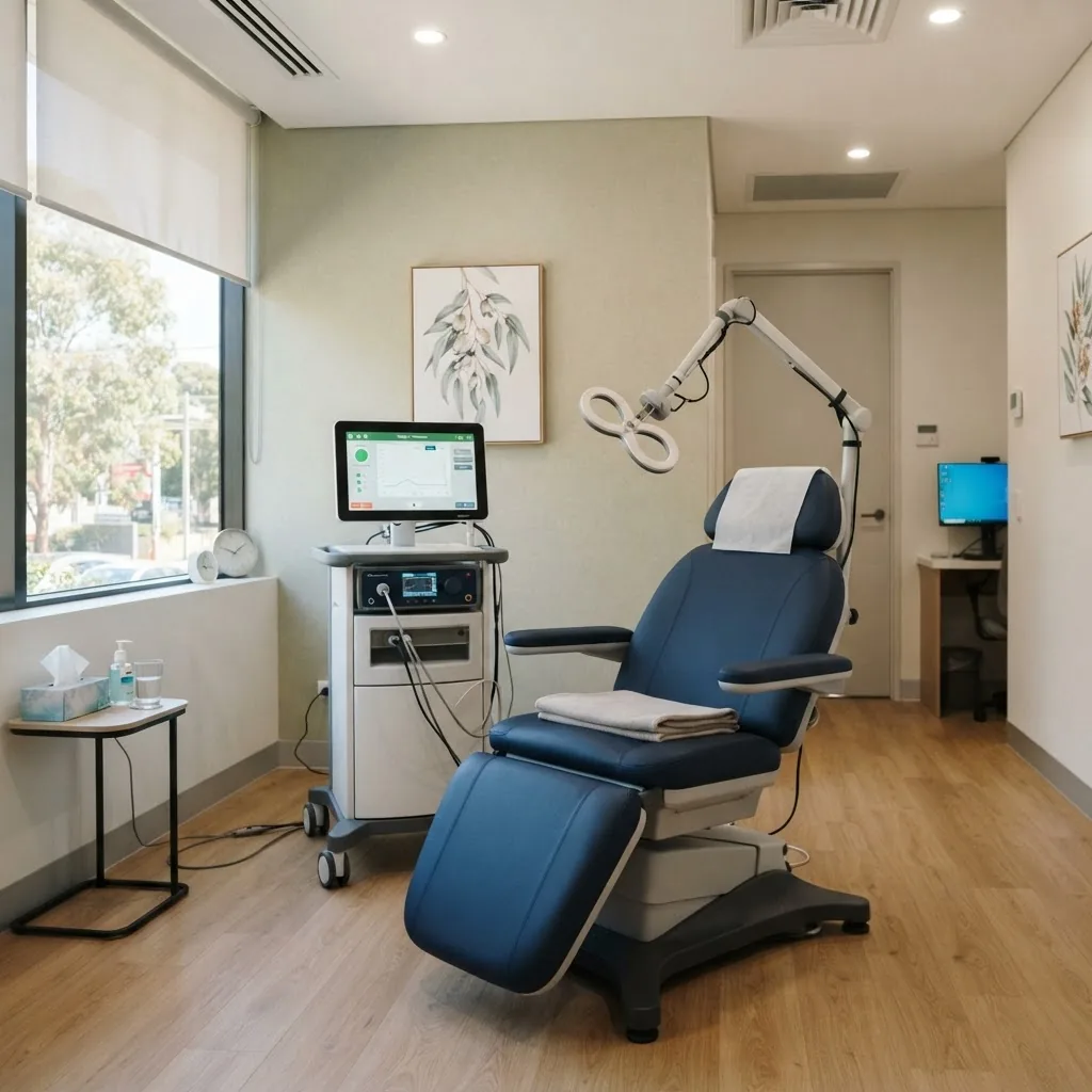 a well-lit, professional clinic room with a TMS therapy chair and machine setup, empty and ready for patient treatment, shot at an angle
