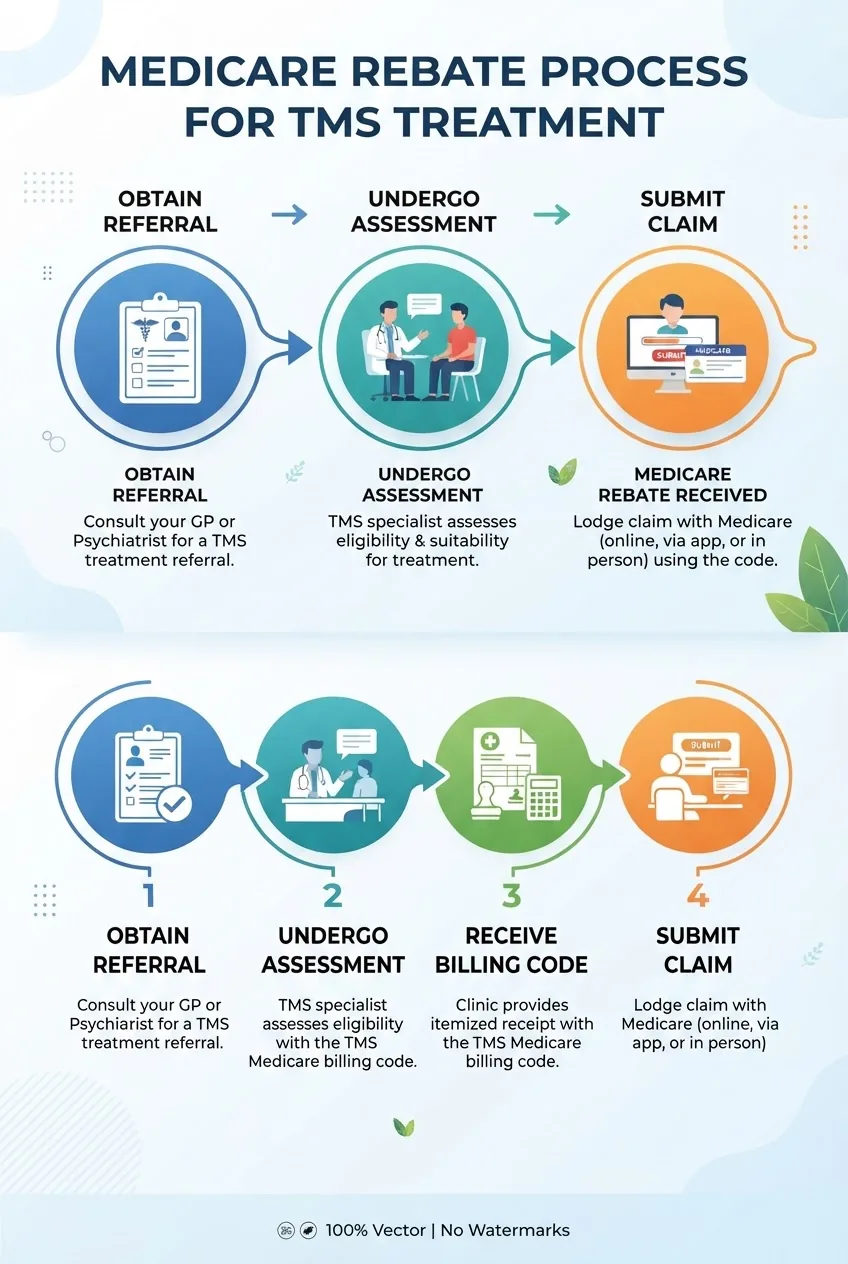 outlining the Medicare rebate application process for TMS treatment: 1. Obtain referral 2. Undergo assessment 3. Receive billing code 4.