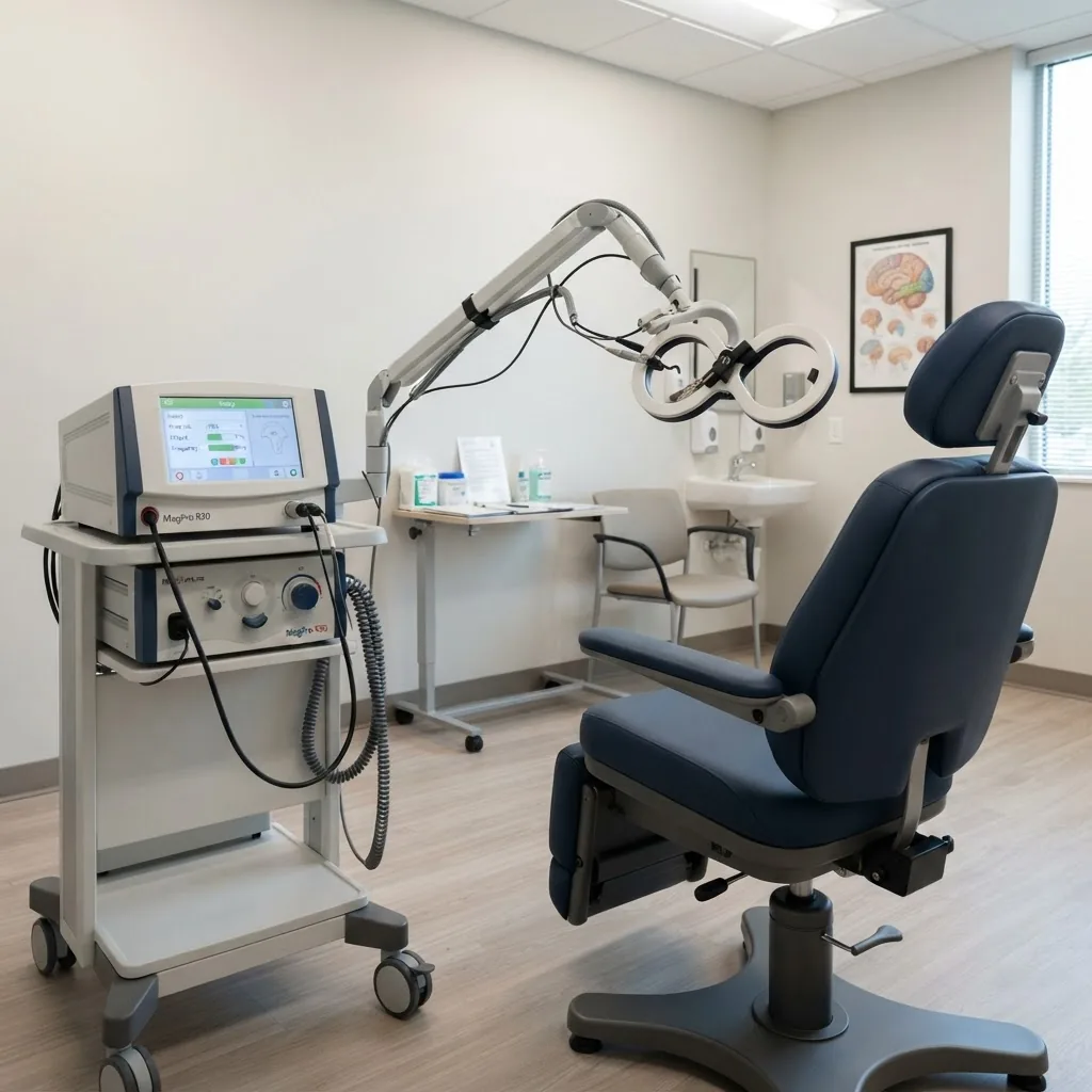 Side-angle image of a TMS stimulator machine next to a chair with coil positioning, clinical room setting, bright even lighting, focusing