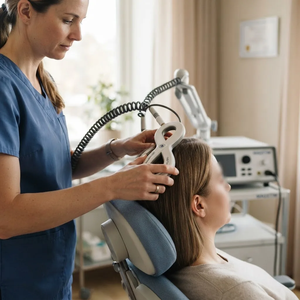 Close-up photograph of a clinician applying a TMS coil device to a patient’s head in a calm clinical room, soft natural lighting, showing