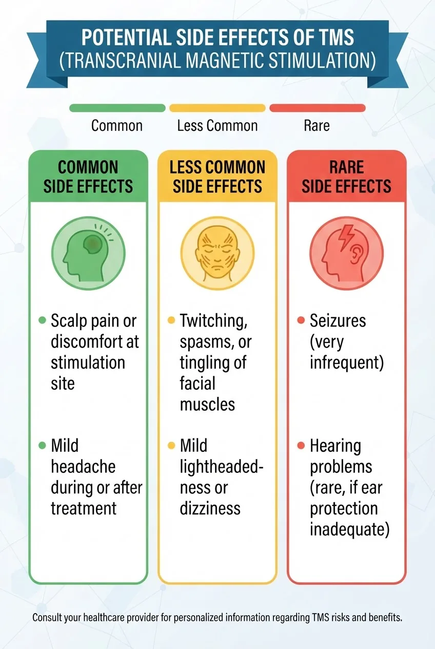 Infographic showing a clear 3-column layout: common side effects, less common side effects, and rare side effects of TMS; each column with