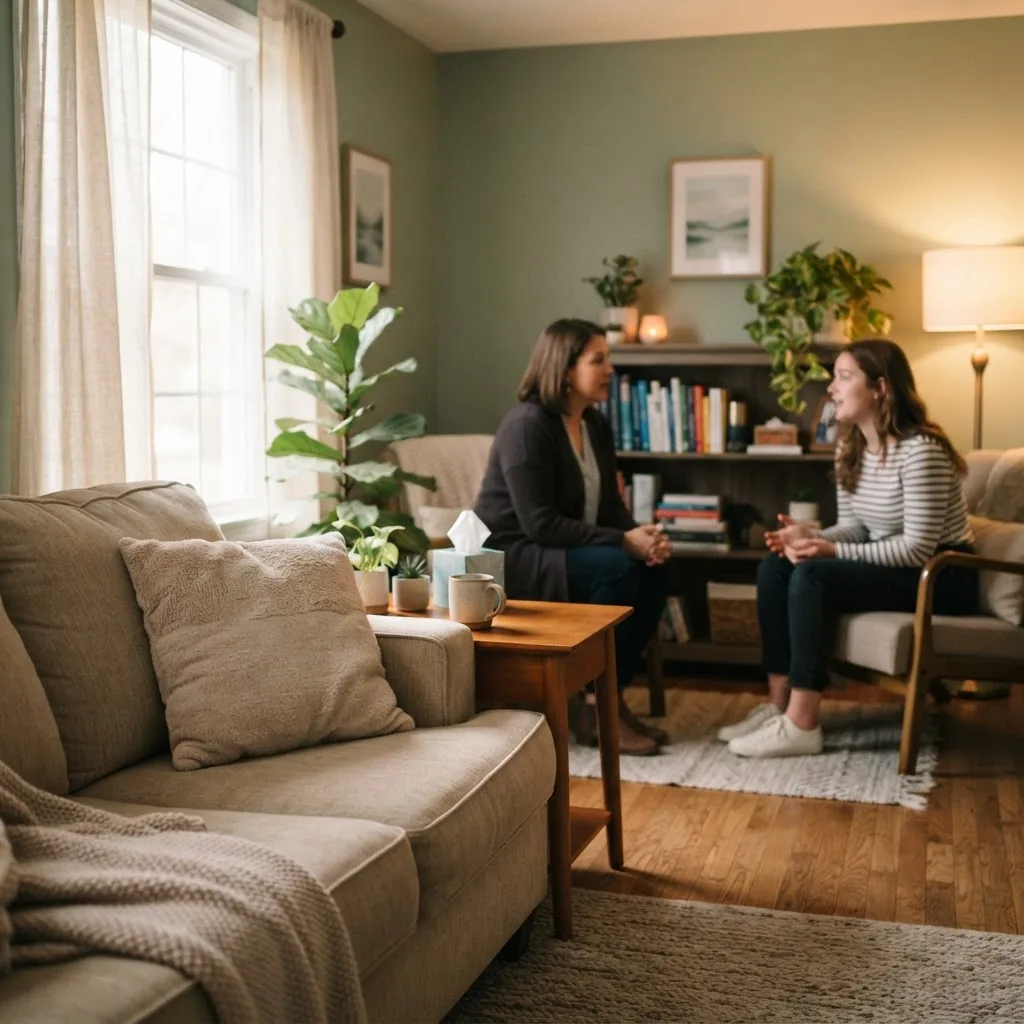 a calm therapy room featuring a comfortable couch and soft lighting, with a therapist and patient in discussion blurred in the background,