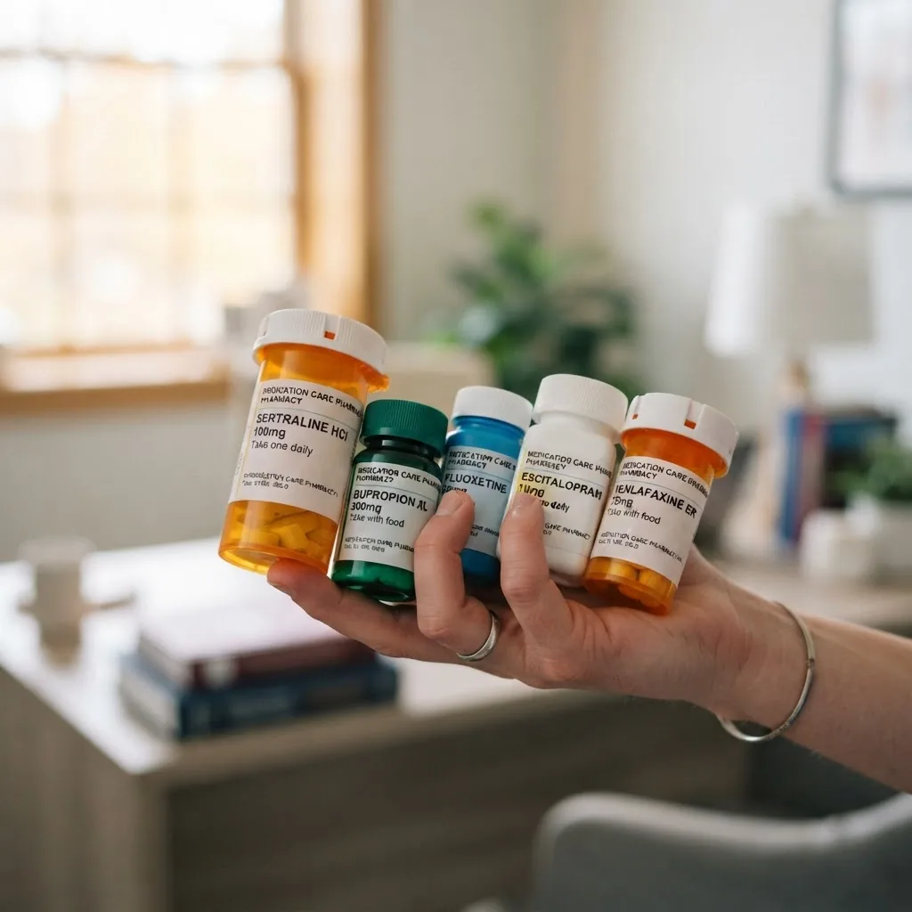 a hand holding various antidepressant pill bottles with a soft-focus clinical setting in the background, natural daylight, calm mood