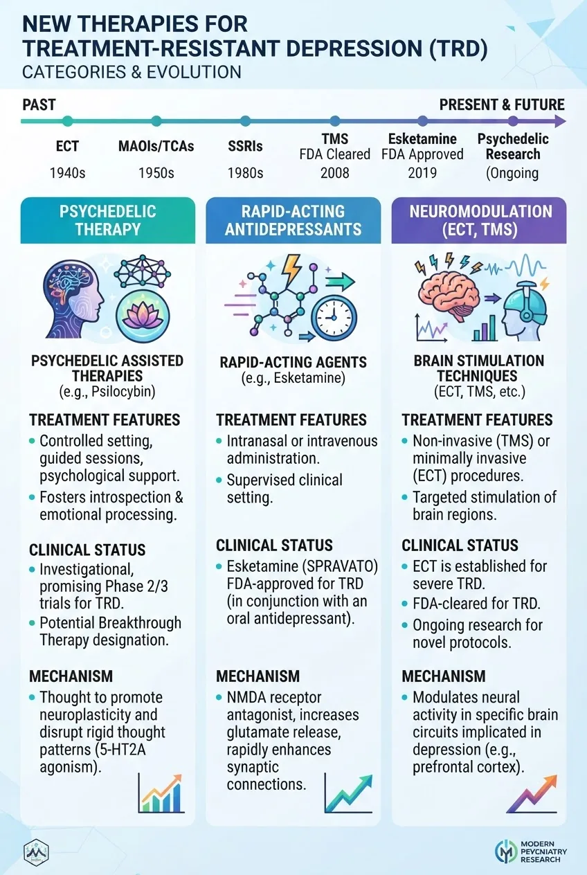 shows a timeline and categories of new TRD therapies: columns for psychedelic therapy, rapid-acting antidepressants, neuromodulation (ECT,