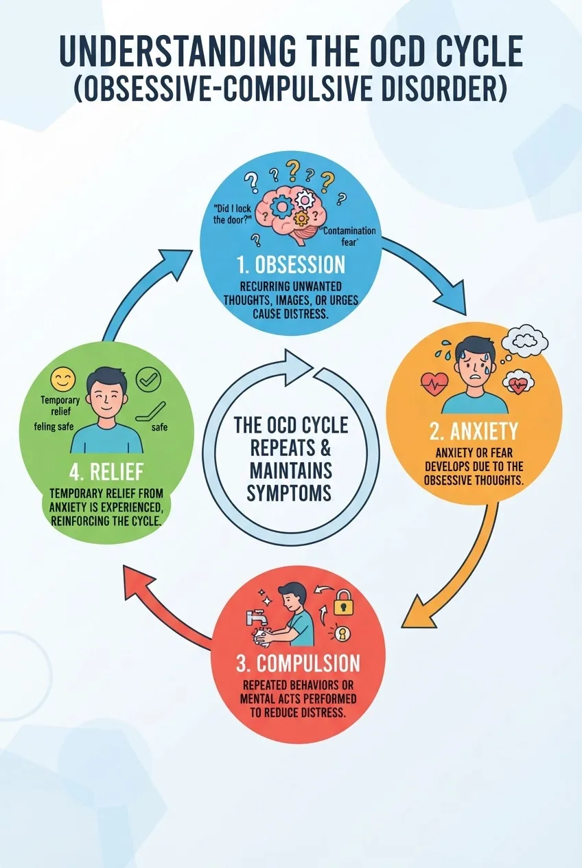 An infographic showing a circular flowchart with four main stages of the OCD cycle (obsession, anxiety, compulsion, relief), each section