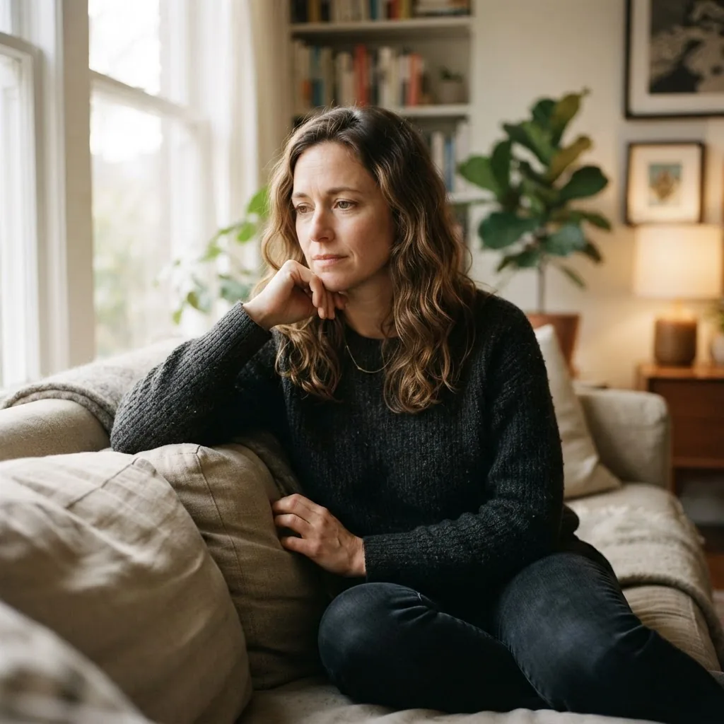 Portrait style image of a thoughtful, mid-30s person sitting on a couch in a softly lit home environment, with a subtle expression of