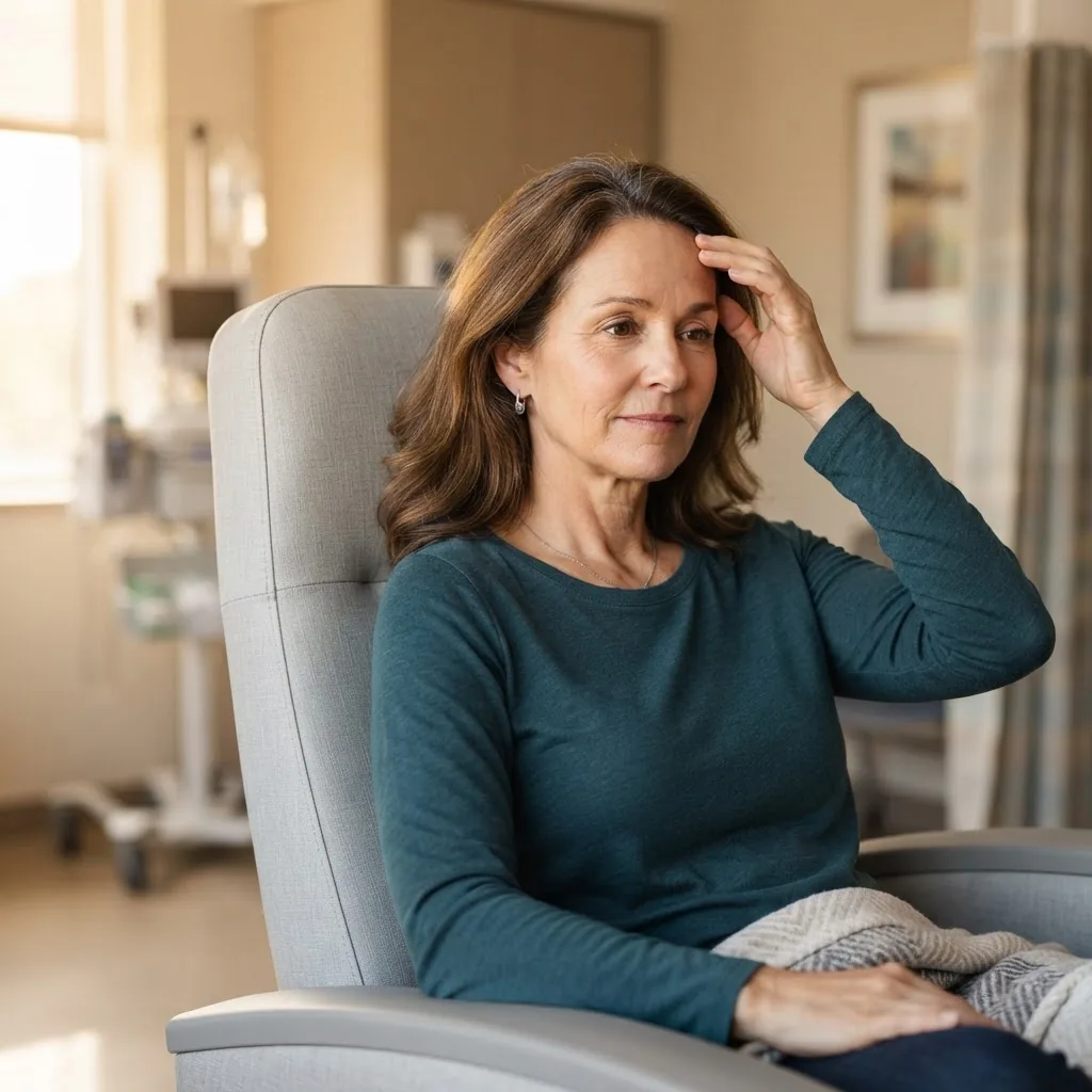 A close-up, well-lit photo of a middle-aged adult woman sitting calmly in a clinical treatment chair in a modern hospital room, visibly