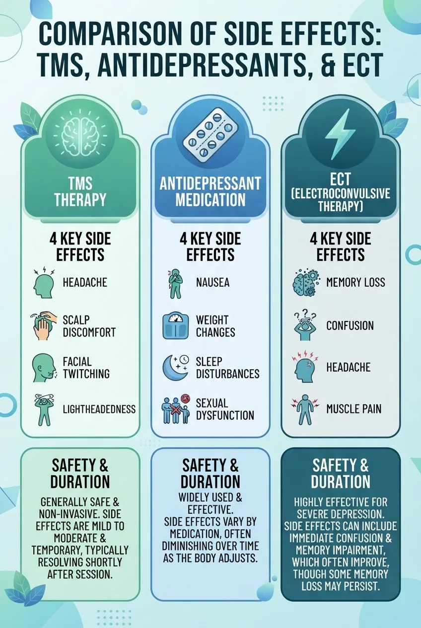 A clean infographic with three vertical columns comparing TMS therapy, antidepressant medication, and electroconvulsive therapy side